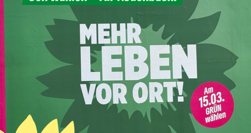 Das Bild zeigt ein großes Wahlplakat der Grünen, mitten in Rodenbach. Es trägt die Aufschrift: deine Stimme zählt. Geh wählen für Rodenbach. Mehr Leben vor Ort.