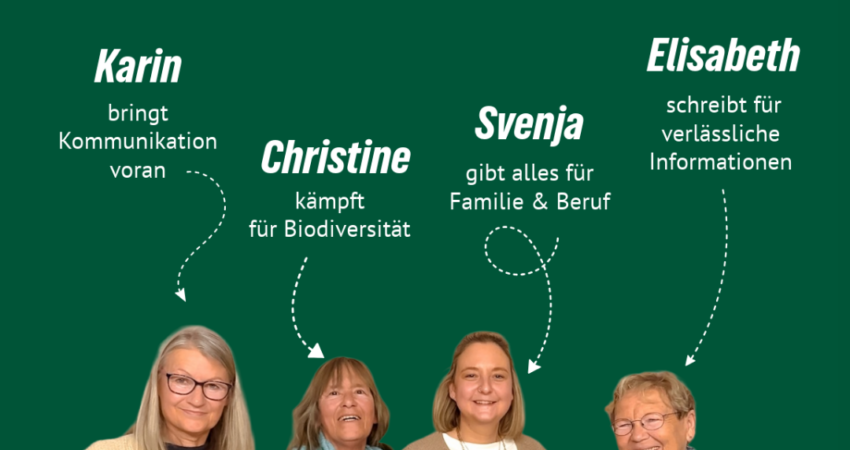 Vier Frauen der Grünen Rodenbach – Karin, Christine, Svenja und Elisabeth – stehen nebeneinander und repräsentieren Engagement in Kommunikation, Biodiversität, Familie und verlässlicher Information.
