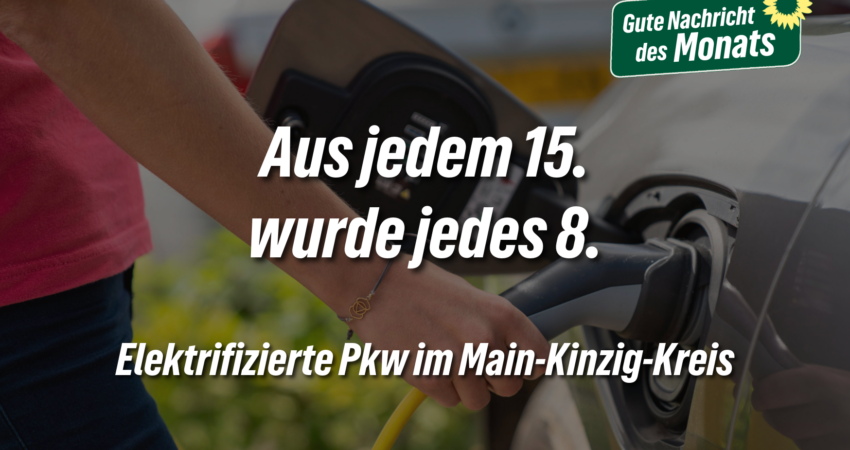 Person lädt ein Elektroauto an einer öffentlichen Ladesäule. Grafik der Grünen Rodenbach zur Entwicklung der Elektromobilität im Main-Kinzig-Kreis.